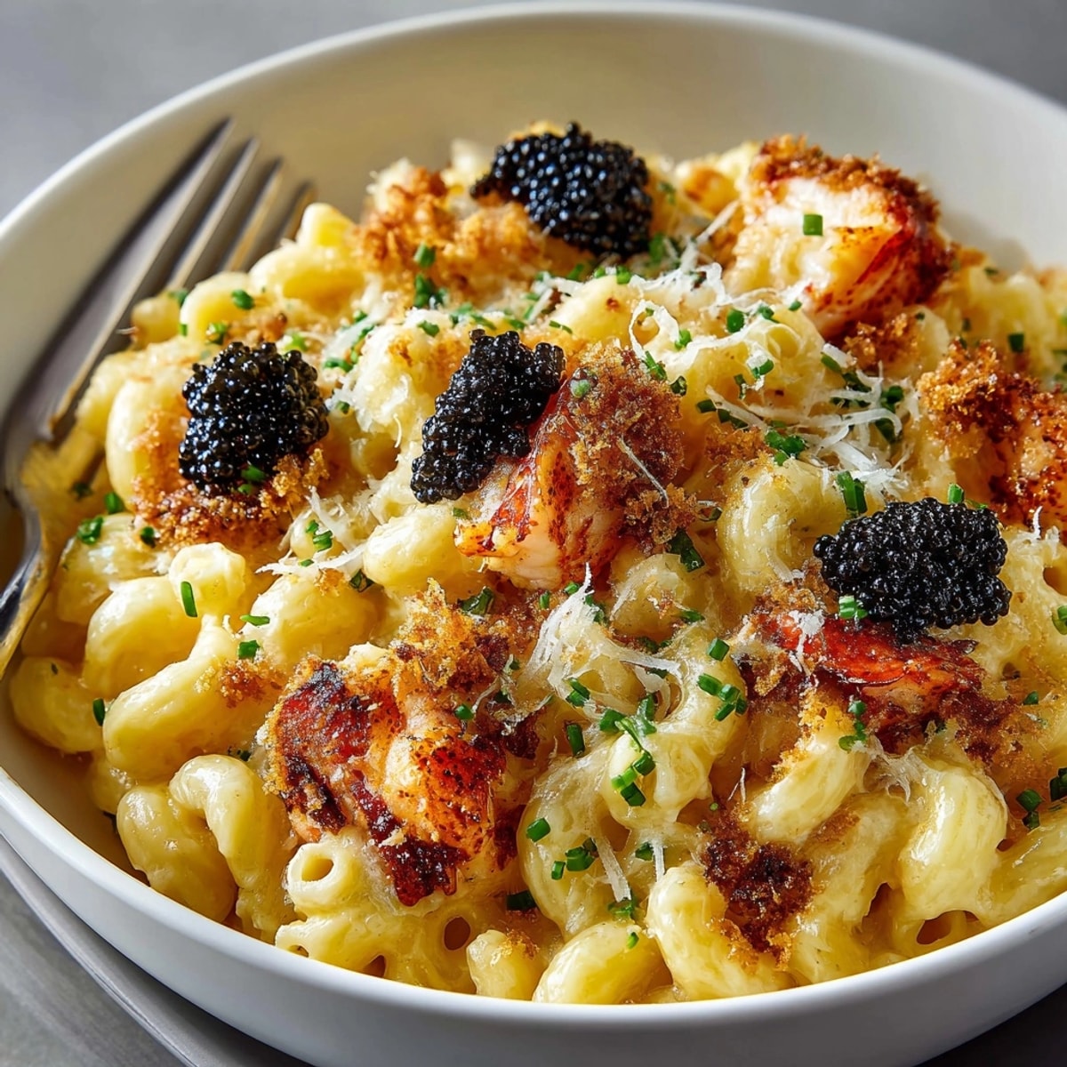 Lobster mac and cheese with caviar pop surprise served golden and bubbling from the oven.