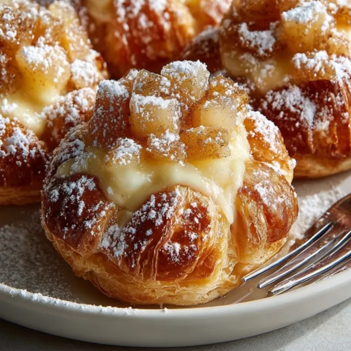 Golden Ricotta Apple Blossom Pastries with powdered sugar topping, freshly baked for a cozy breakfast treat.