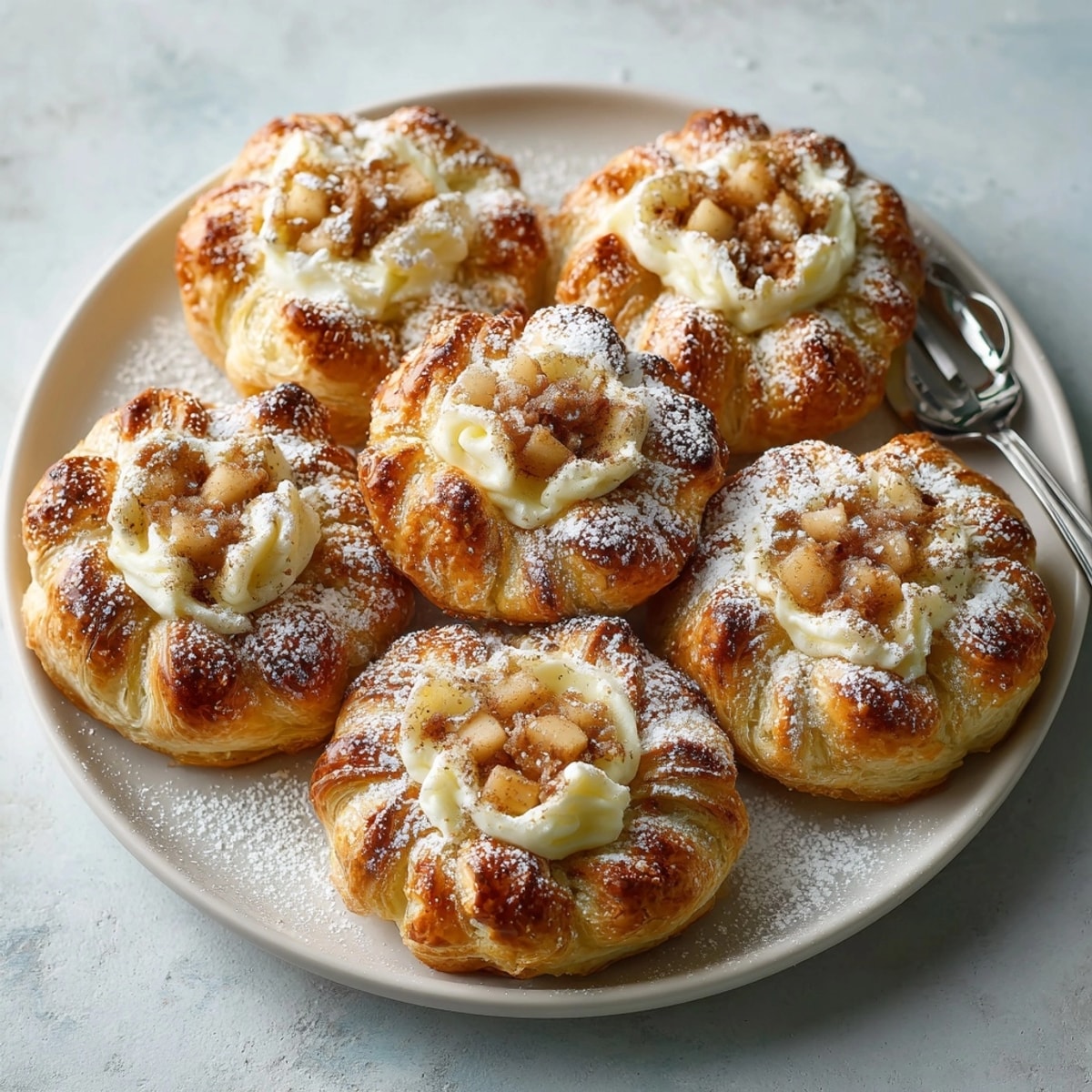 Elegant Ricotta Apple Blossom Pastries on a plate, showing creamy ricotta and spiced apple filling inside.