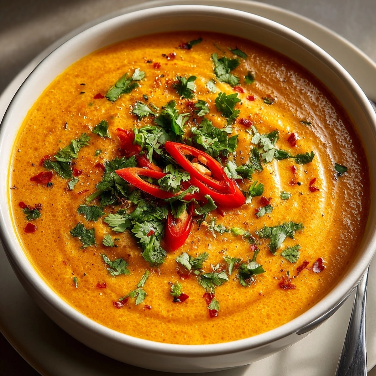 Bowl of Thai Curry Butternut Squash Soup topped with fresh cilantro and sliced red chili.