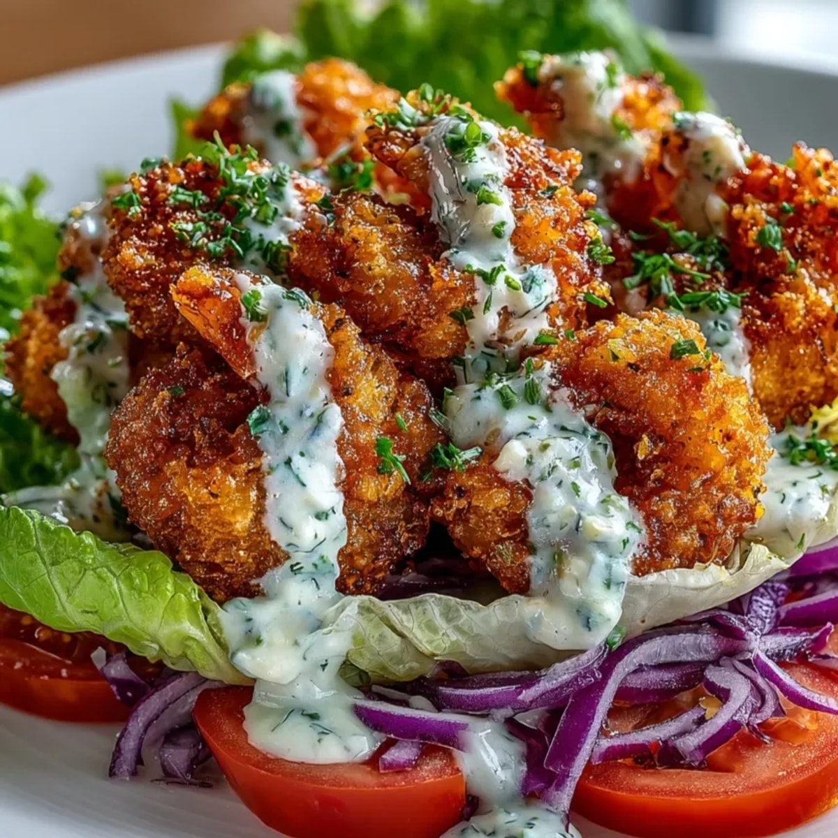 Crispy seasoned shrimp piled into romaine lettuce boats for a vibrant shrimp po’ boy lettuce boats recipe.