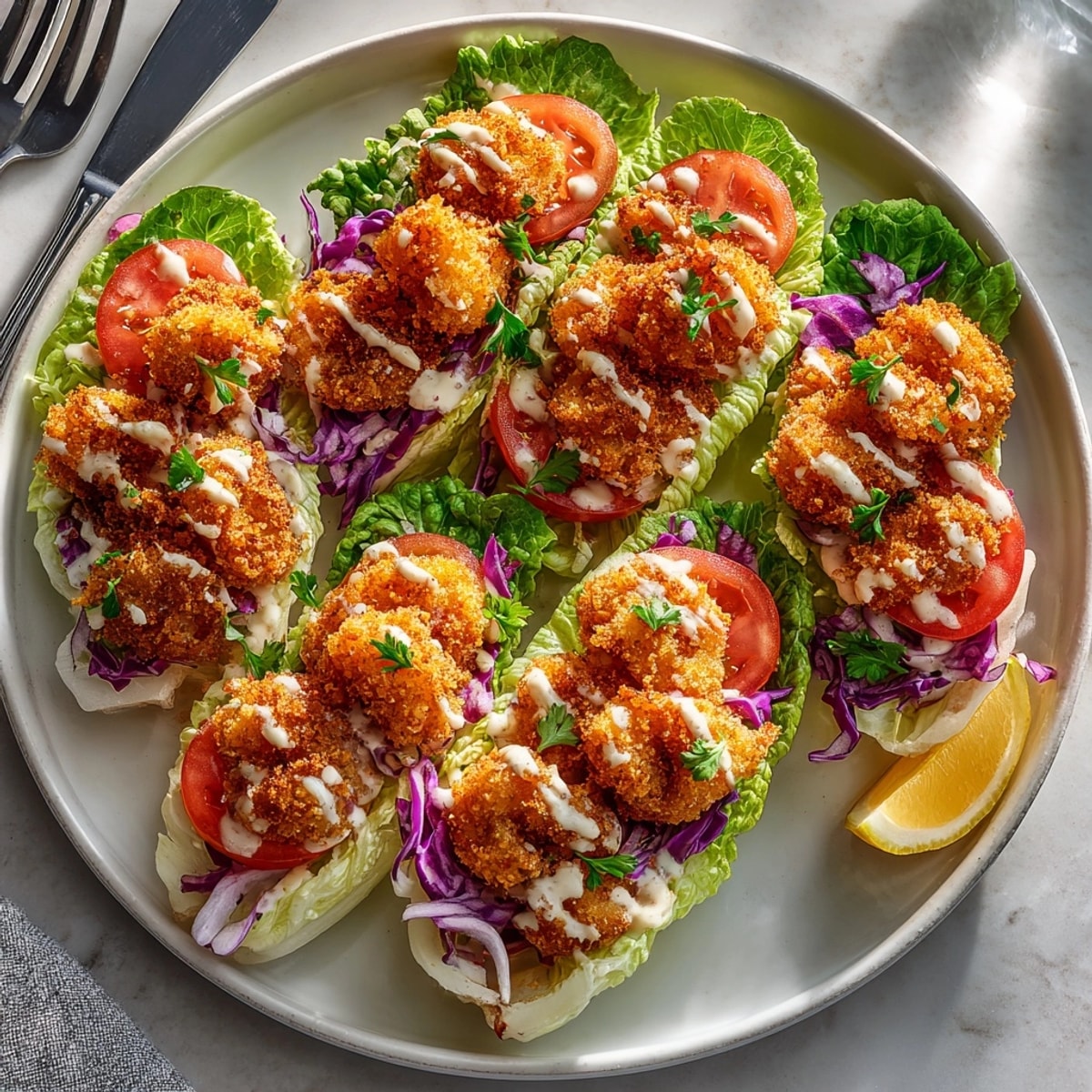 Golden shrimp and fresh veggies nestled in lettuce leaves for a gluten-free shrimp po’ boy lettuce boats meal.