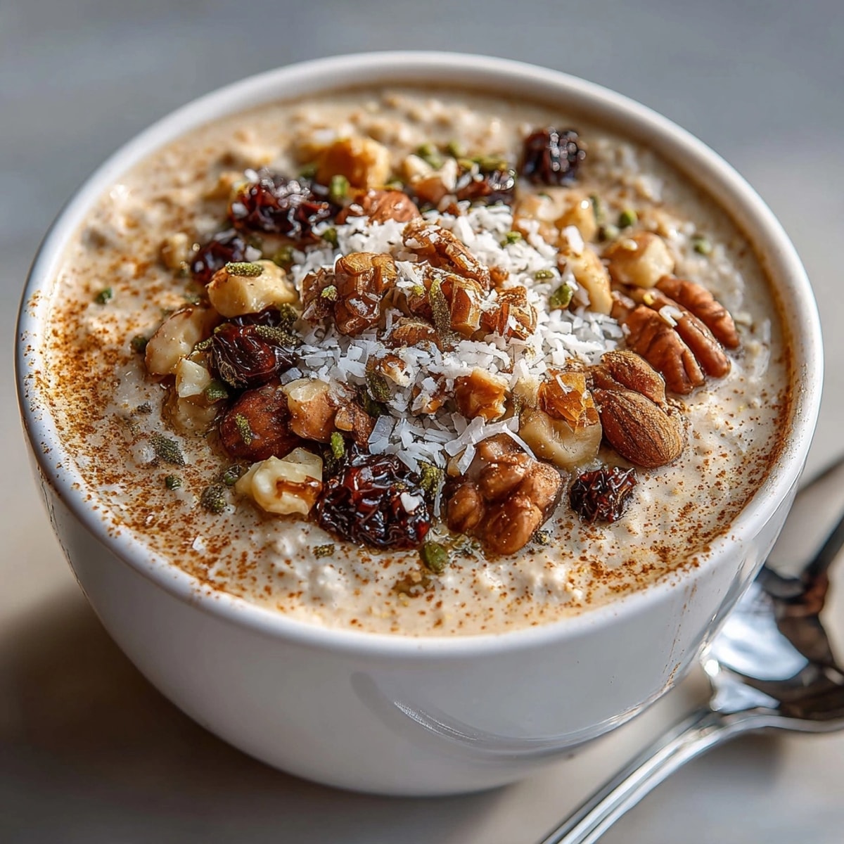 Cinnamon Chai Latte Oatmeal served warm in a bowl, topped with nuts and raisins.