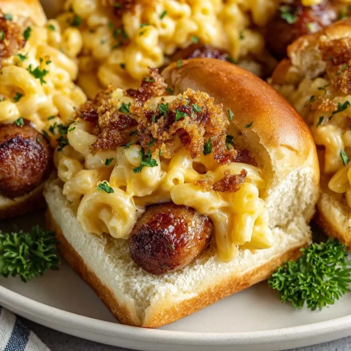 Mac and Cheese Hot Dog Sliders stacked on soft buns, creamy cheese sauce dripping invitingly.