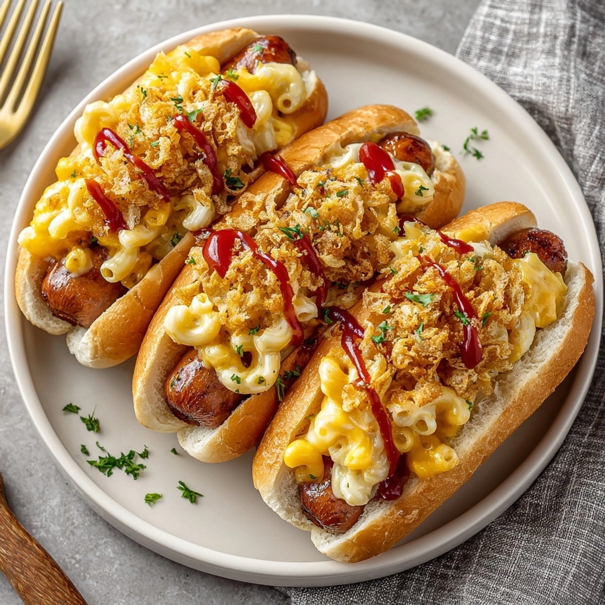 Close-up of gooey Mac and Cheese Hot Dog Sliders nestled on a platter, garnished with fresh parsley.