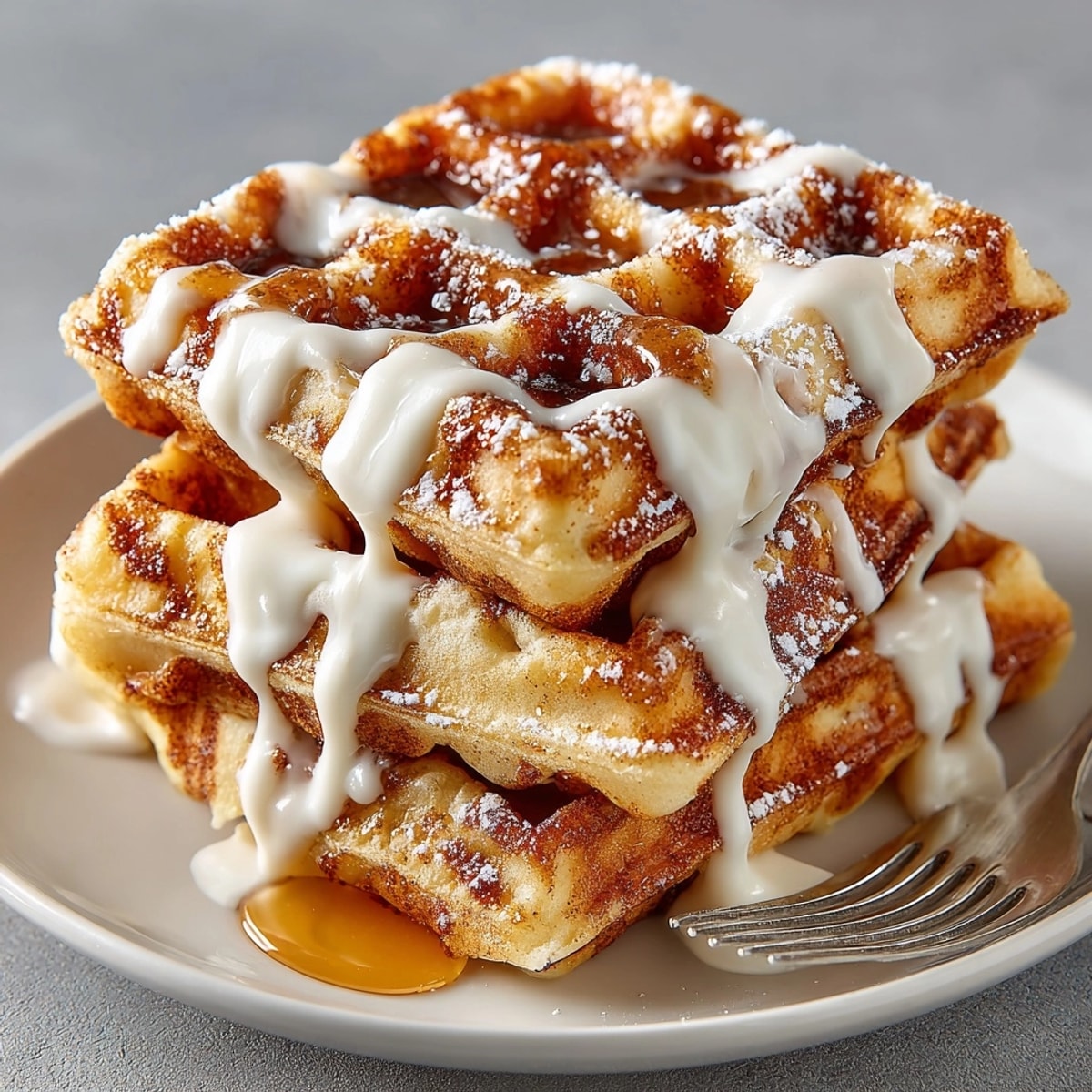 Cinnamon Roll Waffles with Cream Cheese Drizzle served warm, golden, with luscious icing cascading over the ridges.