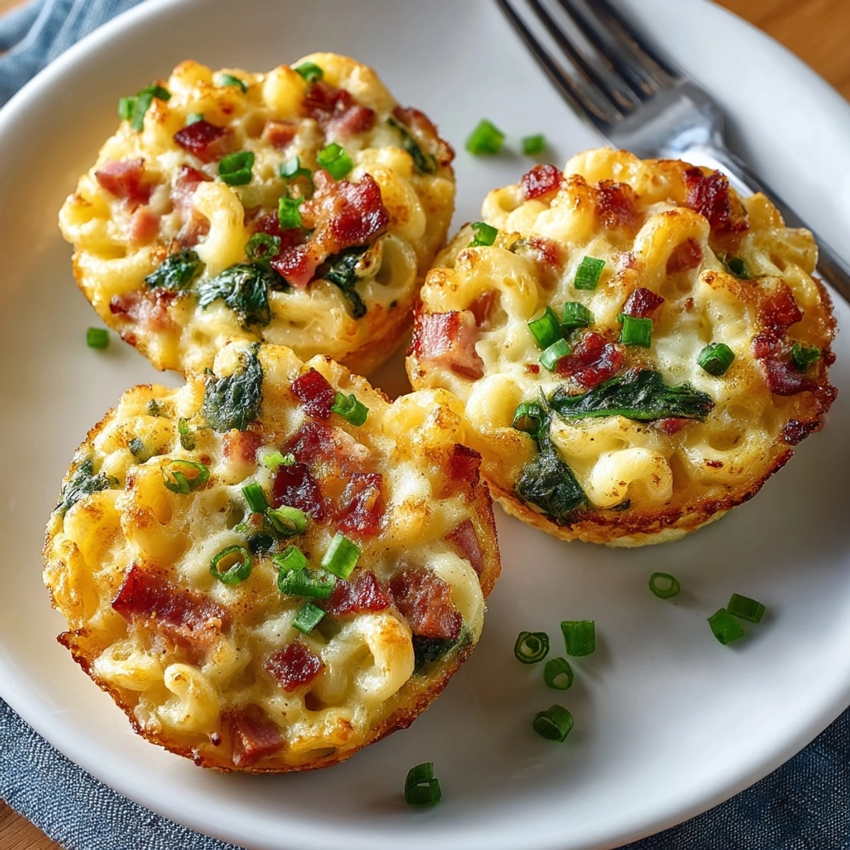 Close-up of Mac and Cheese Breakfast Egg Muffins with gooey cheddar, fresh herbs, and bacon bits.