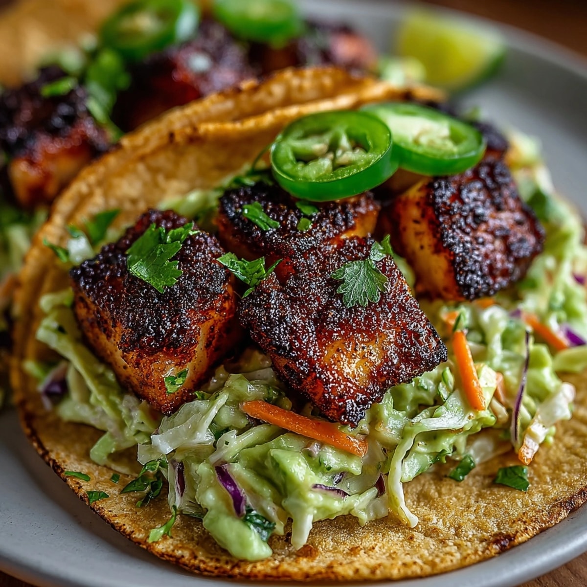 Cajun Blackened Fish Tacos with Avocado Slaw served in warm tortillas with creamy slaw topping