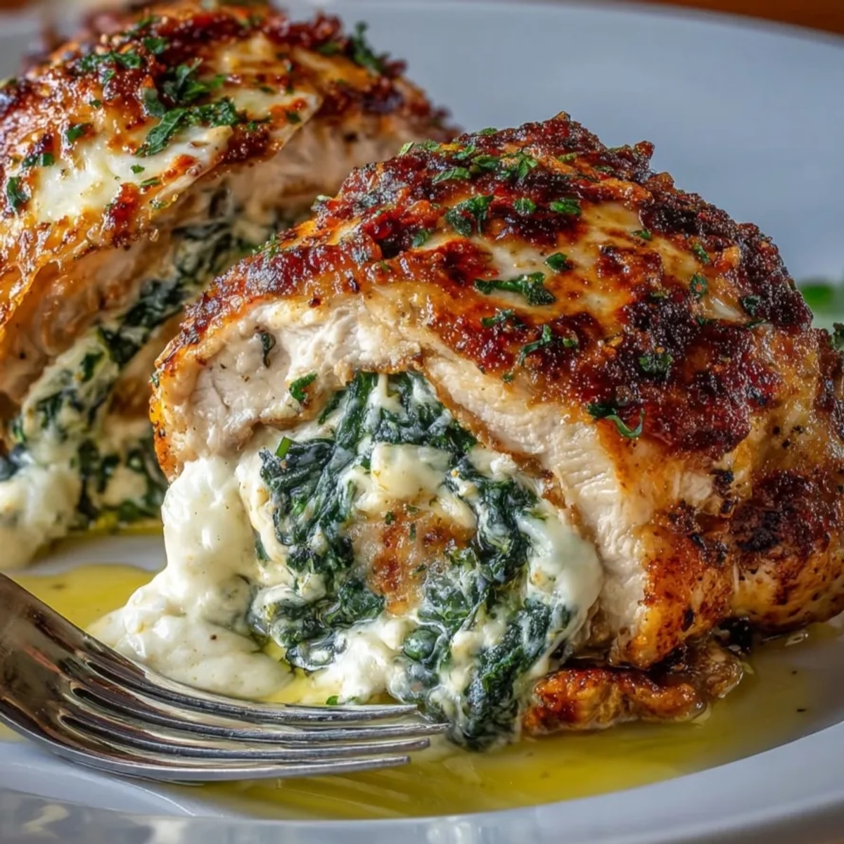 Juicy ricotta spinach stuffed chicken thighs sliced on a plate, cheese bubbling on top.