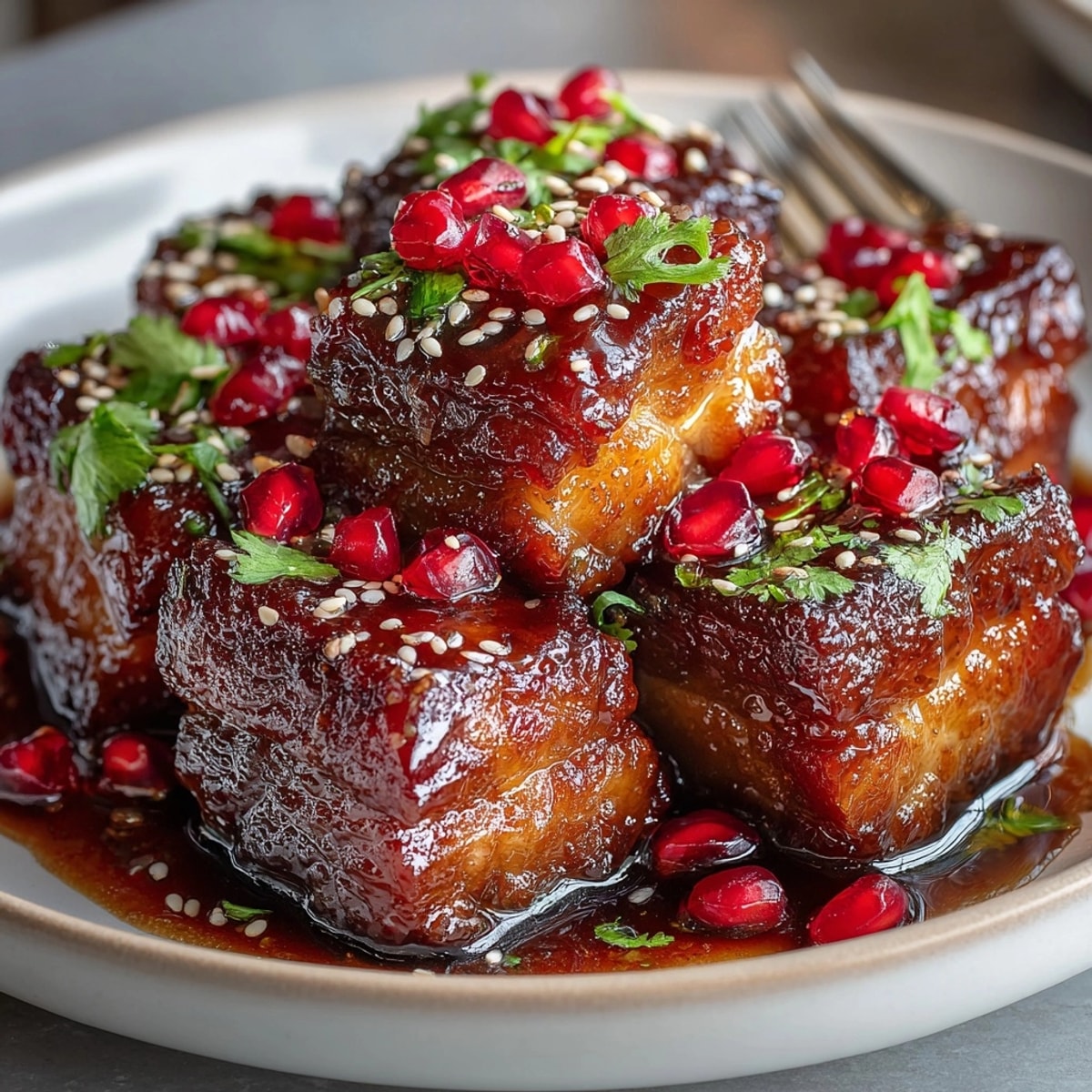 Pomegranate-Glazed Pork Belly Bites arranged on a platter, glistening with sticky, sweet glaze and fresh herbs.