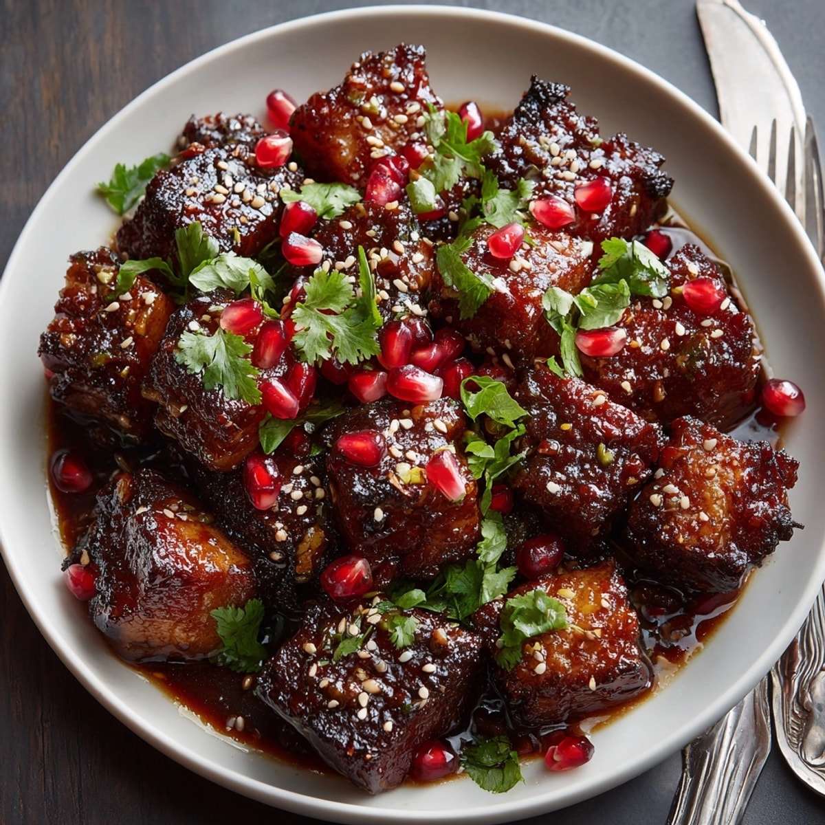 Tender Pomegranate-Glazed Pork Belly Bites served warm, showcasing caramelized edges with a glossy, tangy pomegranate finish.