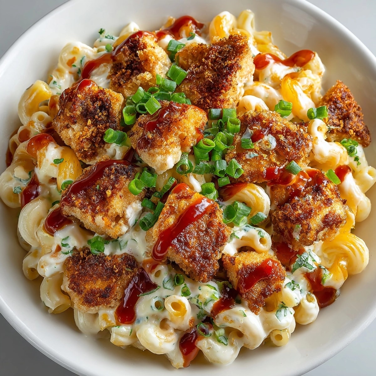 Sweet Chili Chicken Mac and Cheese served in a bowl, topped with crispy golden chicken bites.