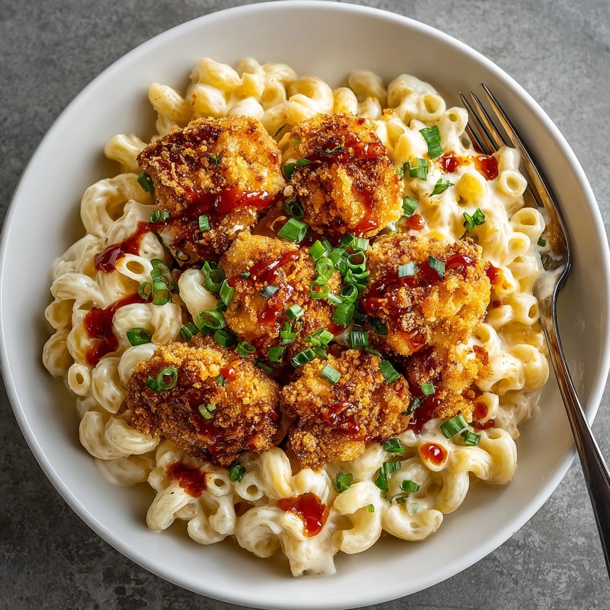 Creamy Sweet Chili Chicken Mac and Cheese featuring spicy sauce, crunchy chicken, and fresh herbs.