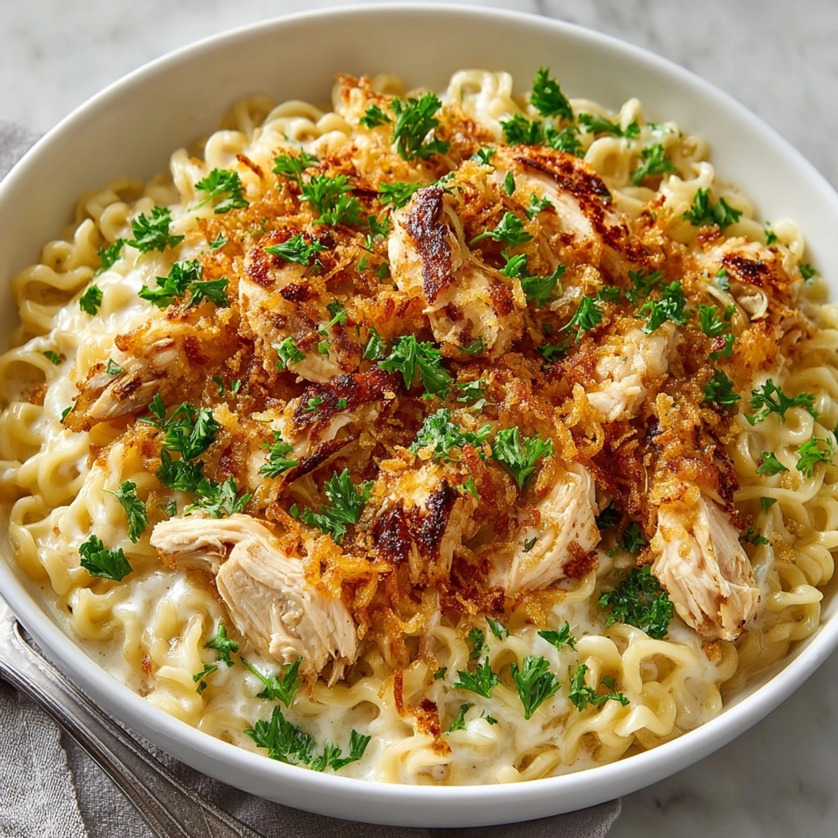 Golden-baked Garlic Parmesan Chicken Ramen Bake in a casserole dish with crispy panko topping.