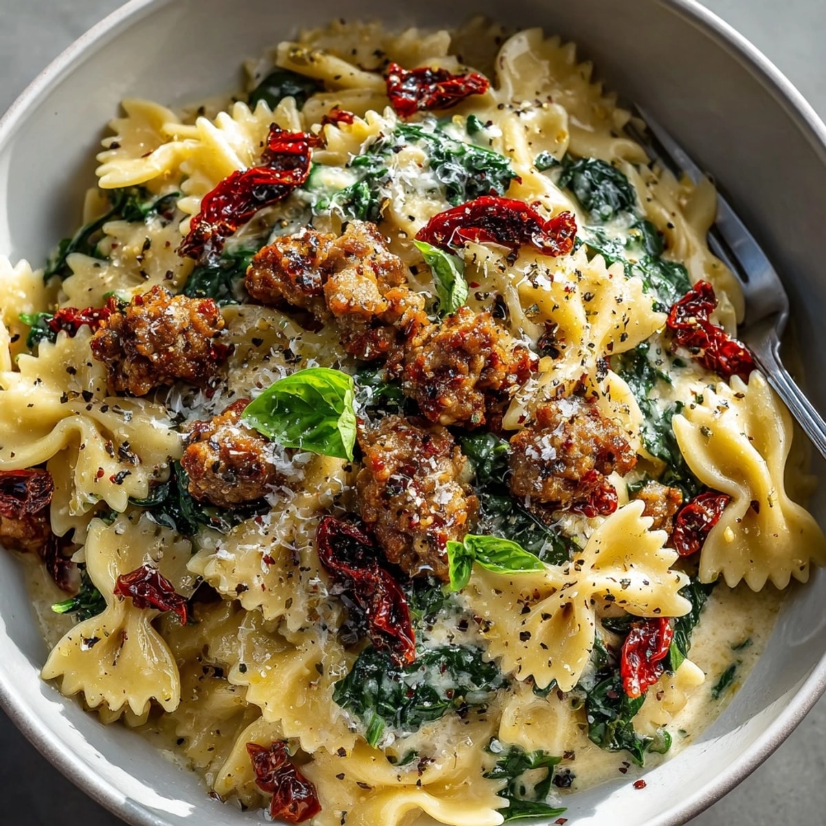 Tuscan Sun-Dried Tomato & Sausage Pasta Skillet with creamy sauce, farfalle, and fresh basil garnished.
