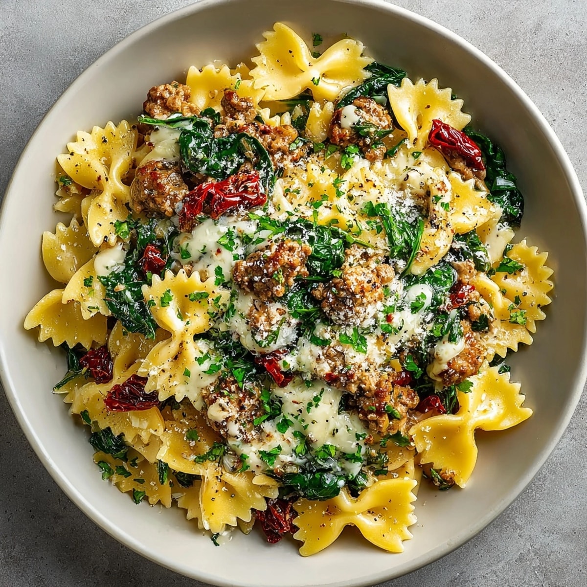 Hearty Tuscan Sun-Dried Tomato & Sausage Pasta Skillet served hot, topped with Parmesan and wilted spinach.