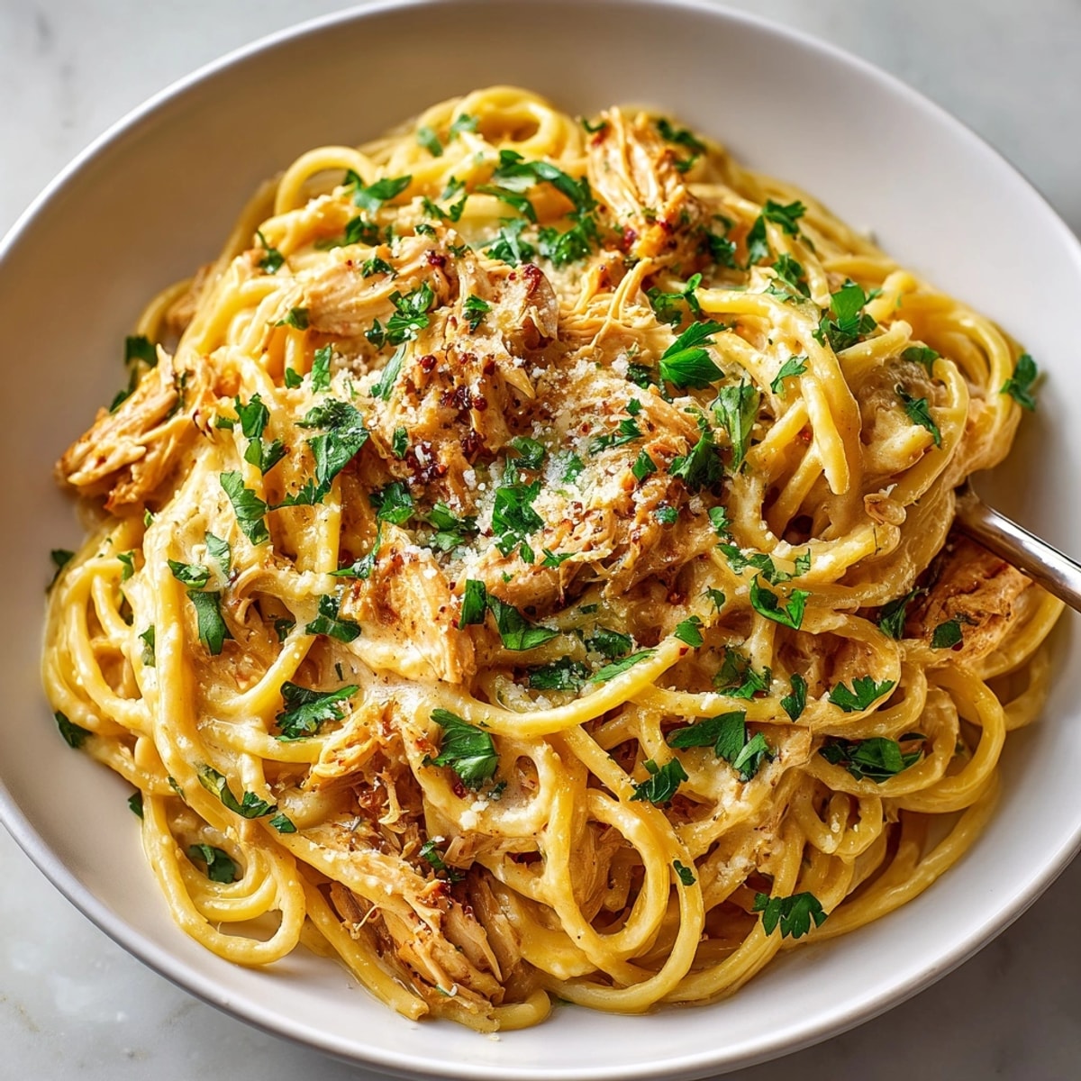 Creamy Chipotle Chicken Spaghetti in a skillet, topped with fresh cilantro and lime wedges.