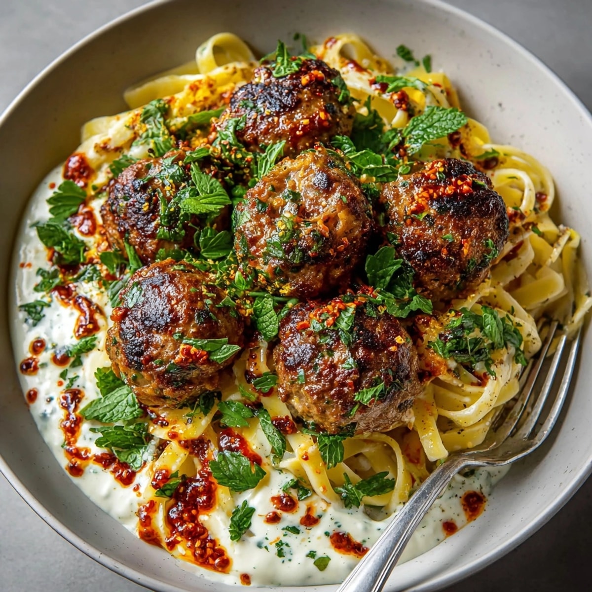 Moroccan-Spiced Meatball Pasta with Harissa Cream in a cozy bowl garnished with herbs.