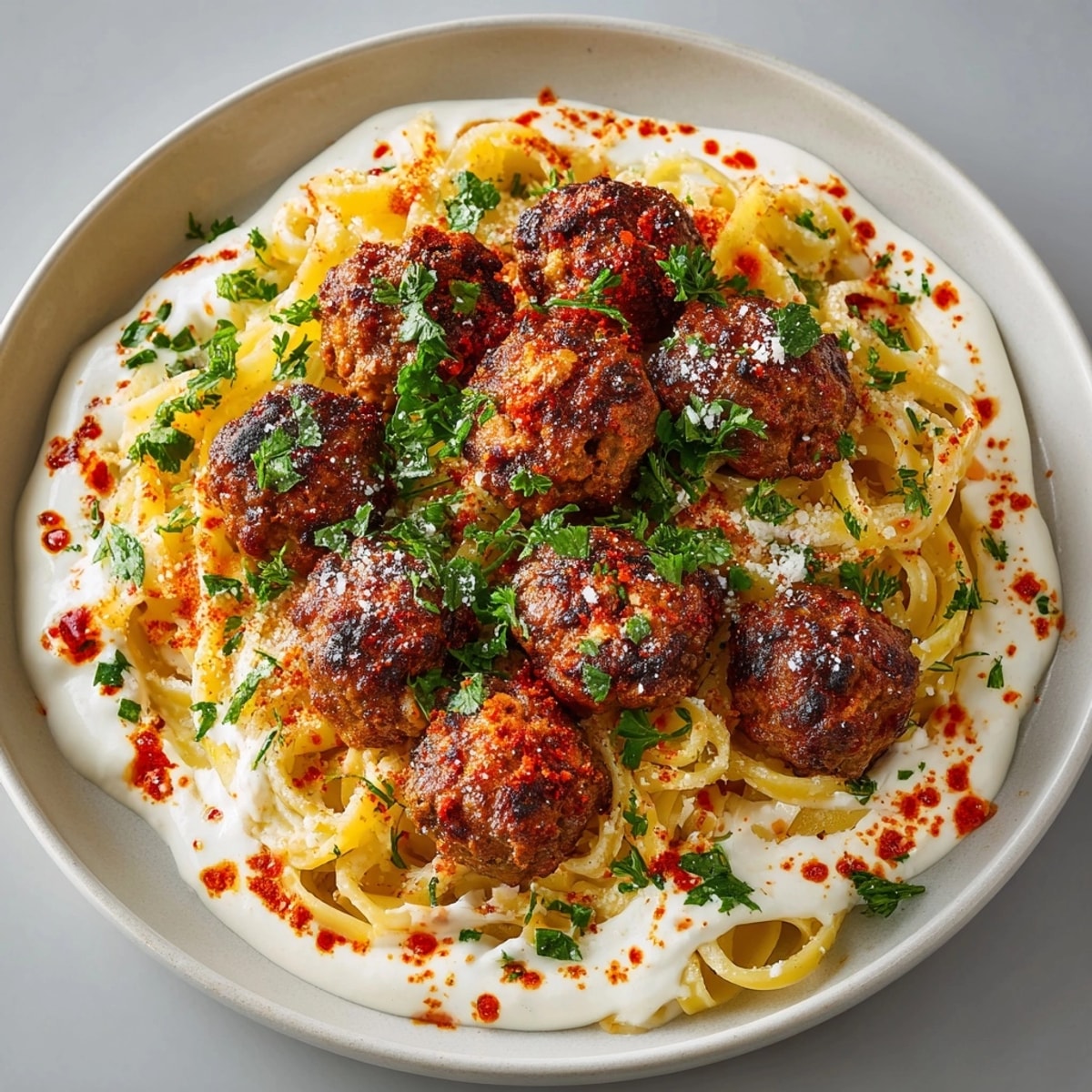 Steaming plate of Moroccan-Spiced Meatball Pasta with Harissa Cream, vibrant and inviting for dinner.