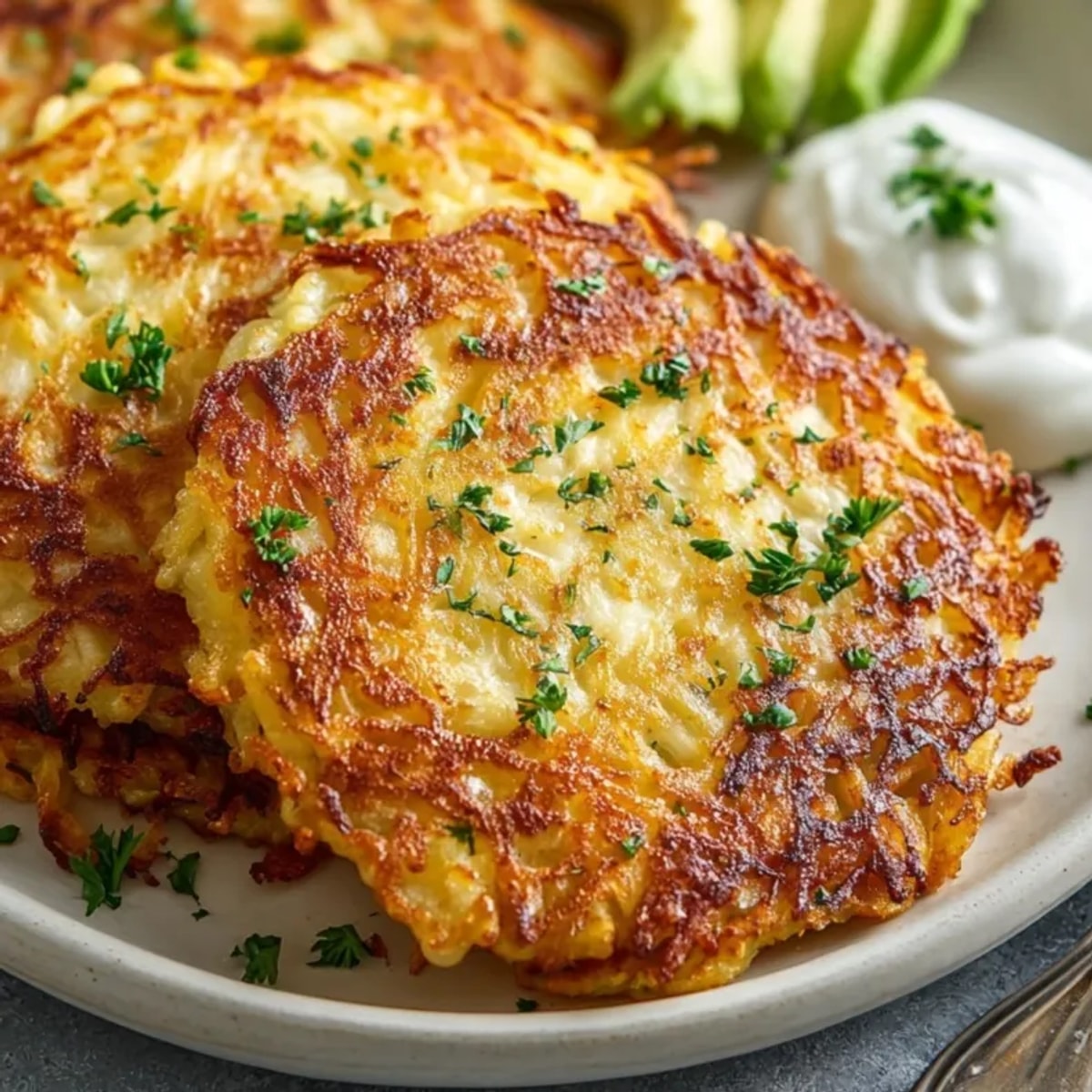 Healthy Hashbrown Chaffle stacked golden and crispy, served with avocado dip on the side