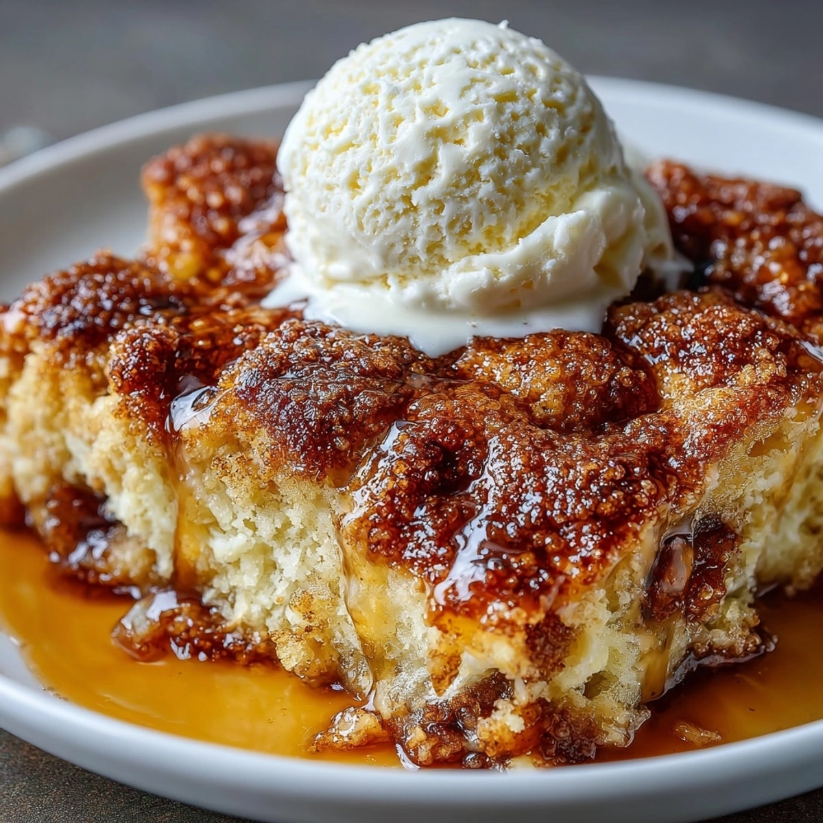 A warm Snickerdoodle Cobbler dessert served in a dish with melty vanilla ice cream.