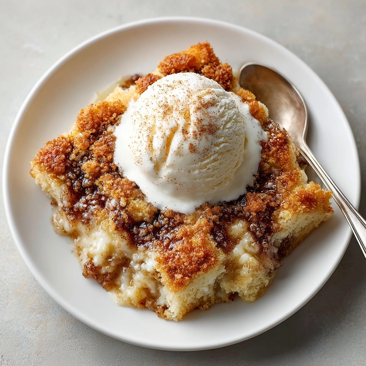 Close-up of gooey Snickerdoodle Cobbler showing tender crumb and caramelized cinnamon topping.