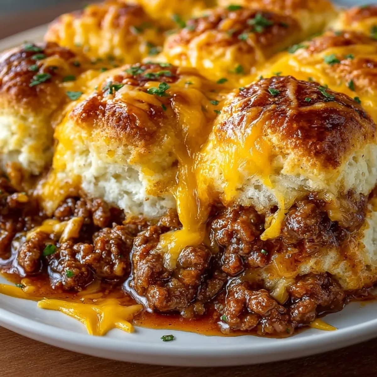 Homemade Sloppy Joe Biscuit Casserole bubbling golden brown in a family-size baking dish.