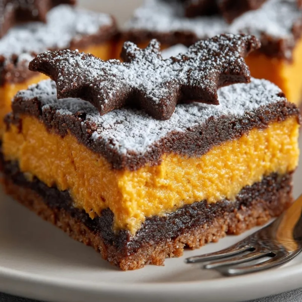 Golden Pumpkin Pie Bars with a whimsical chocolate bat crust, warm spices.