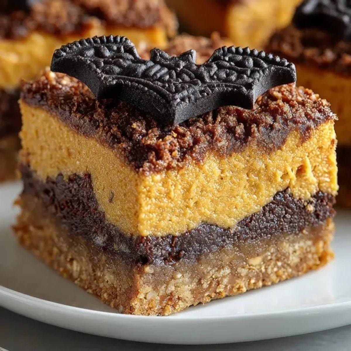 Buttery, spiced Pumpkin Pie Bars with bat cookies, cooling freshly from the oven.