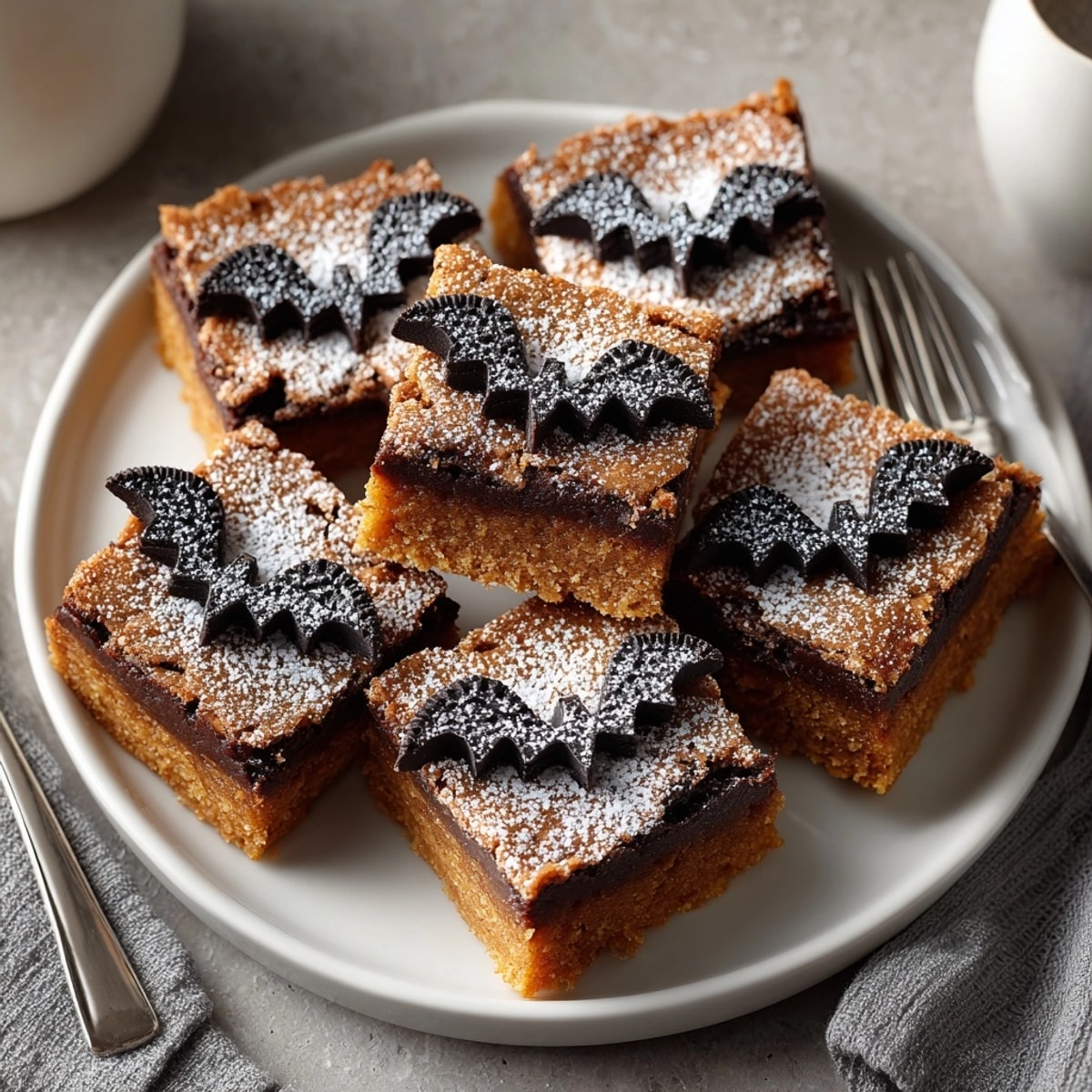 Homemade Pumpkin Pie Bars with chocolate-bat crust, ready for a festive autumn treat.