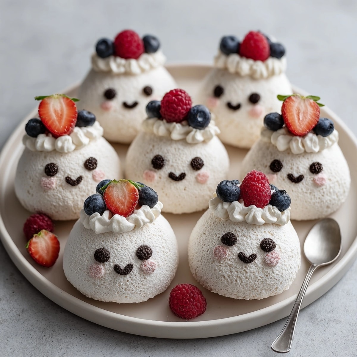 Halloween treats: Batch of Poltergeist Pavlovas ready to bake, shaped like smiling ghosts.