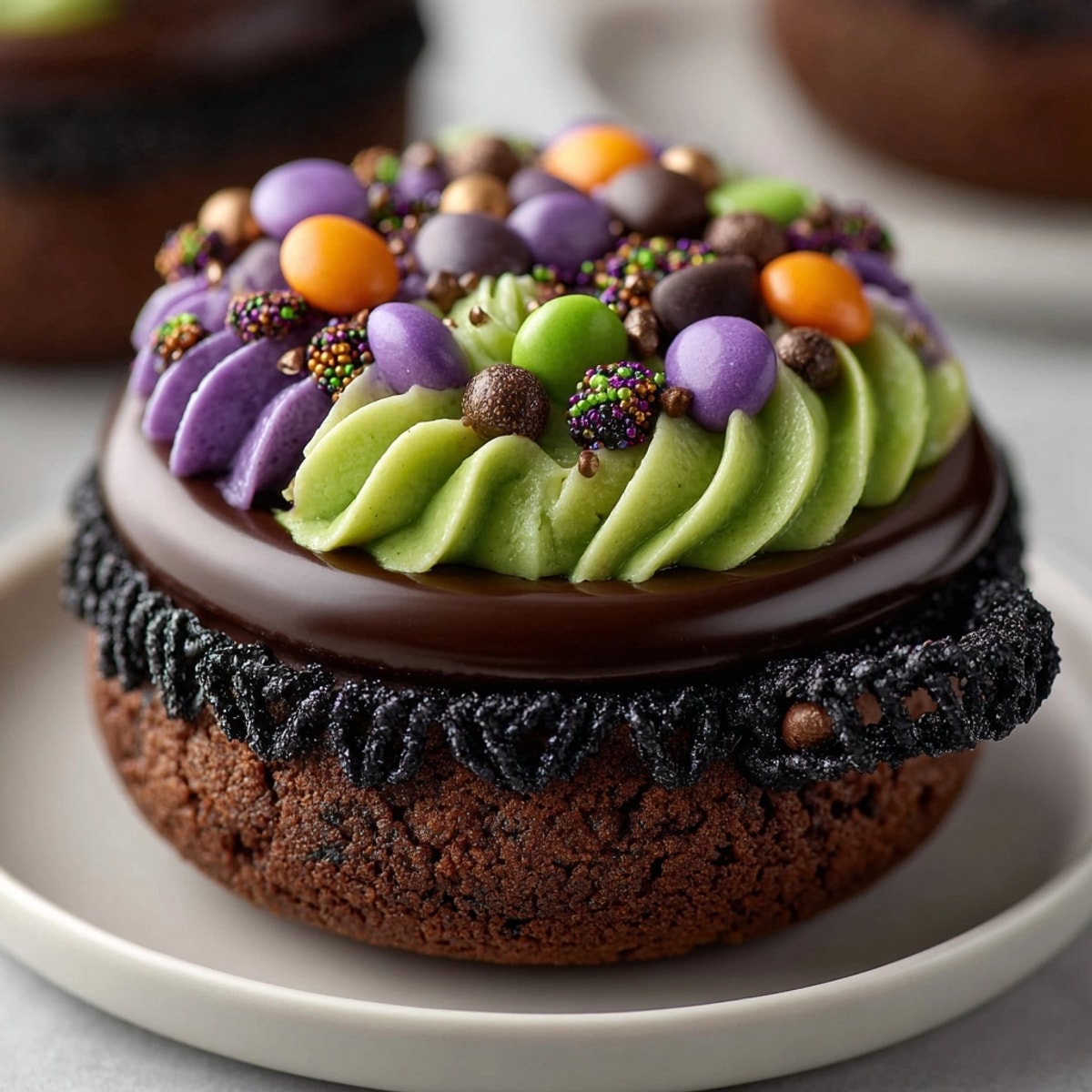 Close-up of spooky edible witch cauldrons recipe, filled with colorful candy "potion".