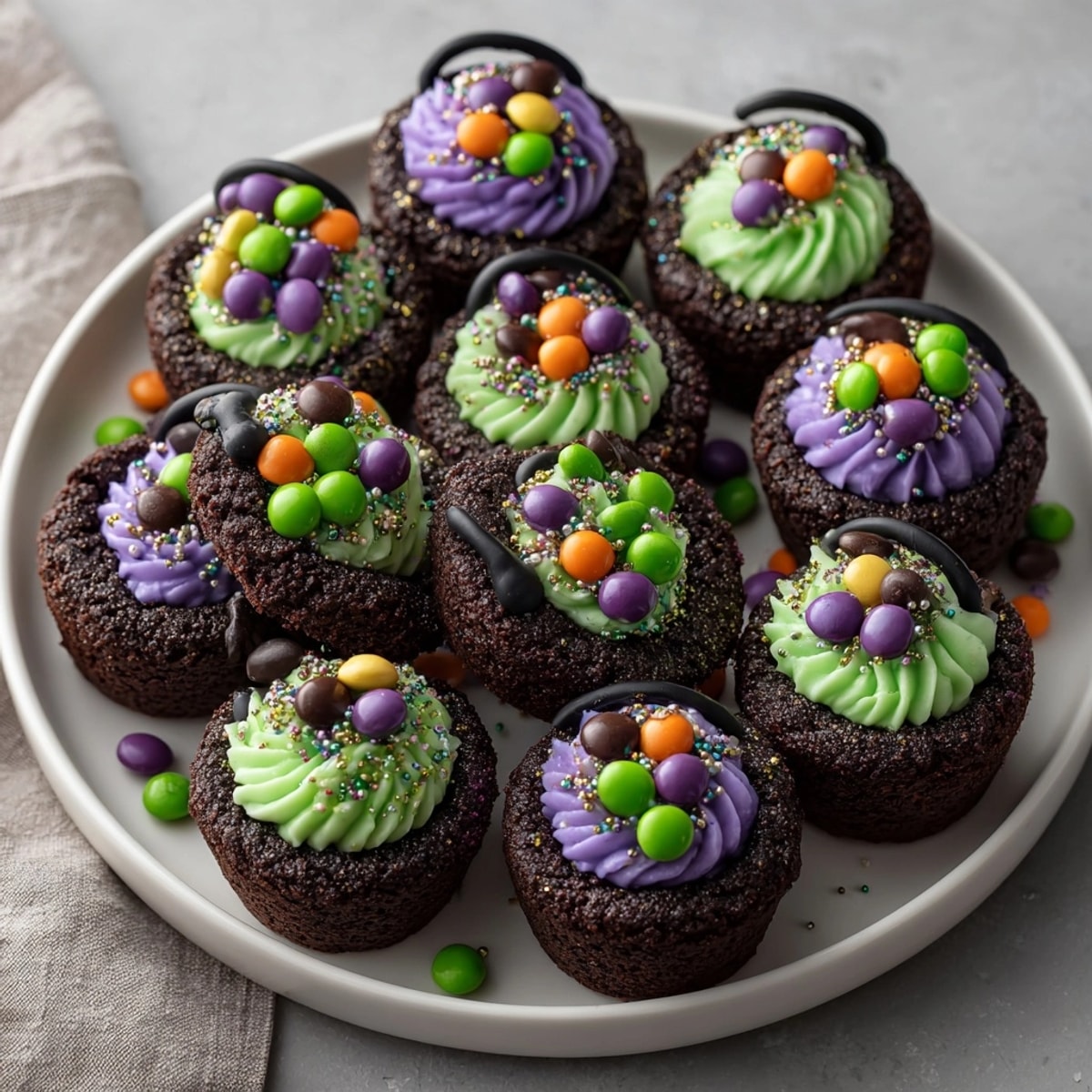 Detailed photo of Halloween edible witch cauldrons, showing textured cookie and glittery potion topping.