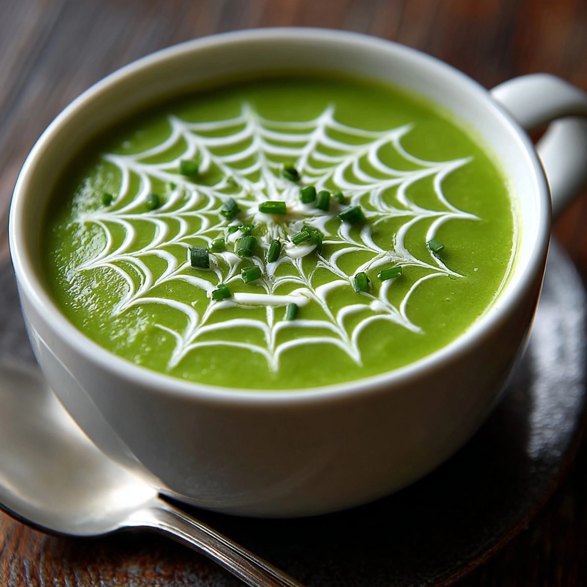 Creamy Spiderweb Split Pea Soup with a spooky web design, garnished with fresh herbs.