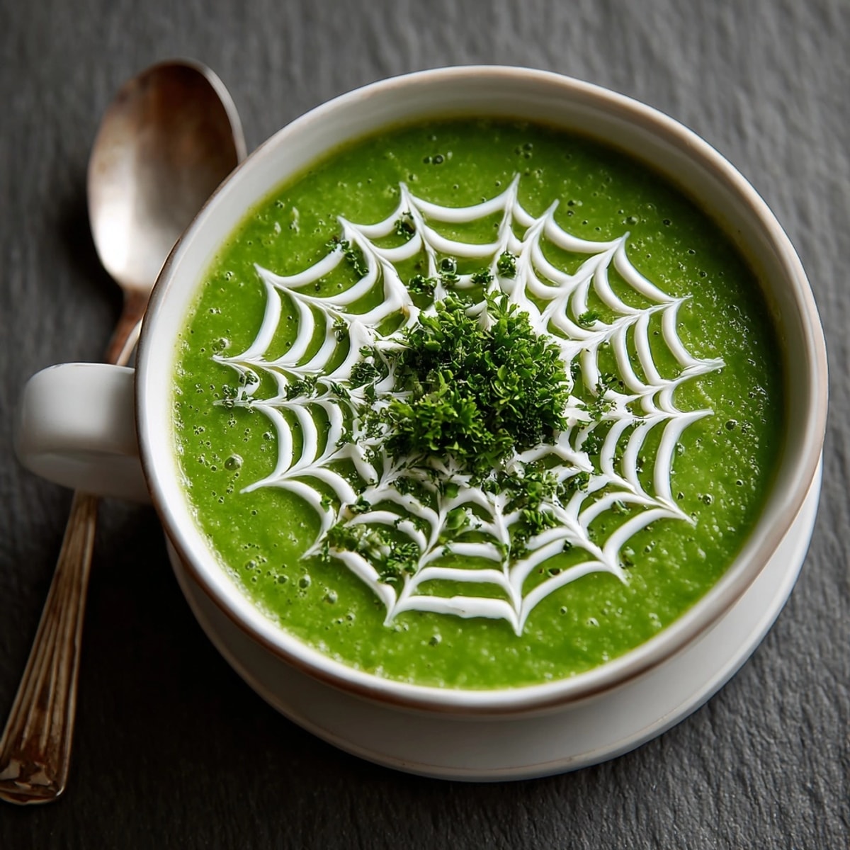 Warm bowl of vegetarian Spiderweb Split Pea Soup decorated with sour cream webs.