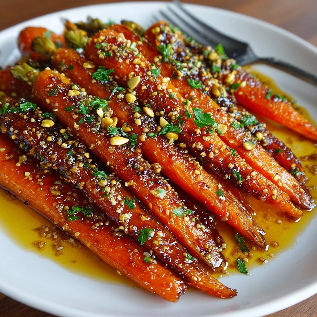 Vibrant roasted Maple Glazed Carrots recipe: colorful side dish with crunchy pepita topping.