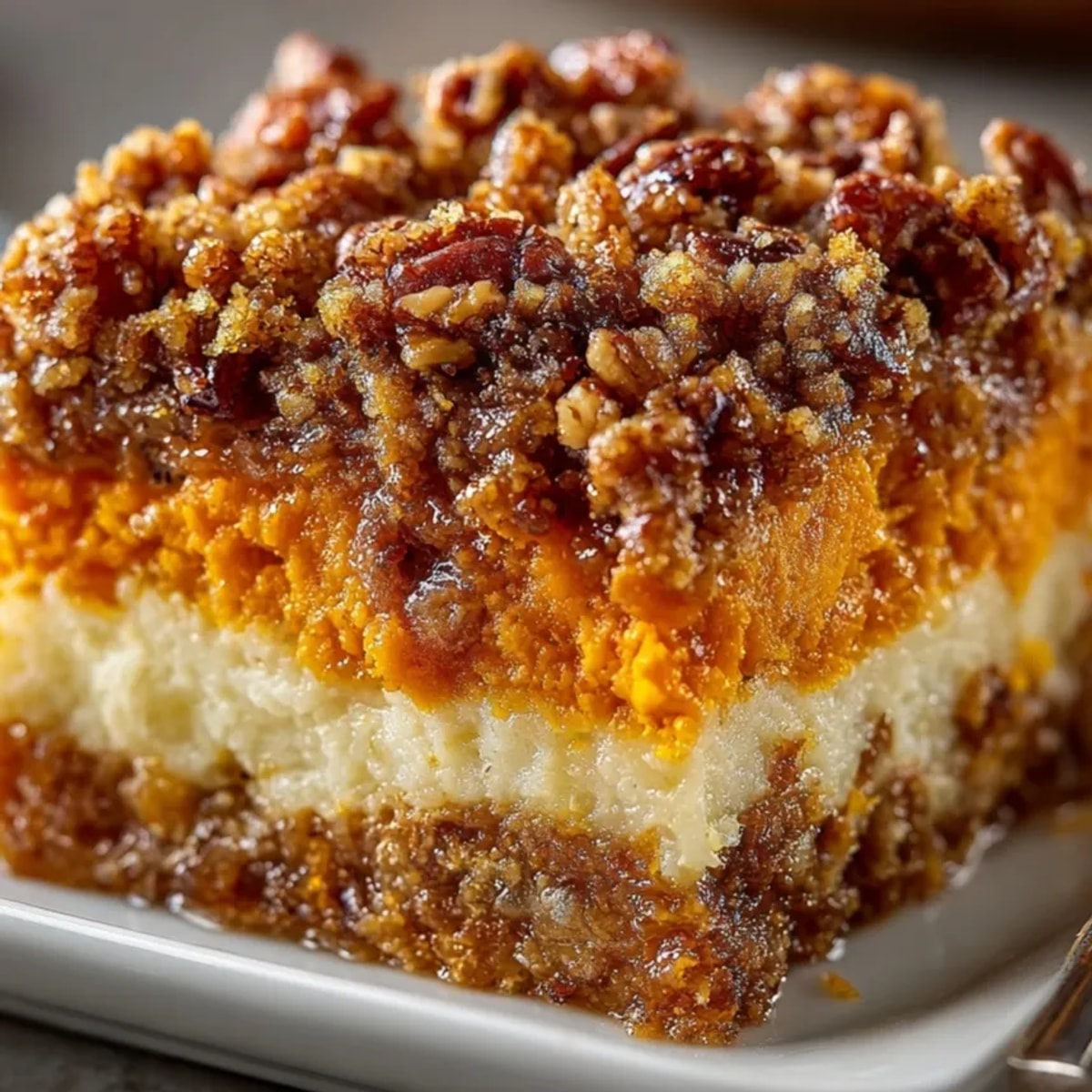 Golden Sweet Potato Casserole with Pecan Streusel, bubbling hot from the oven.