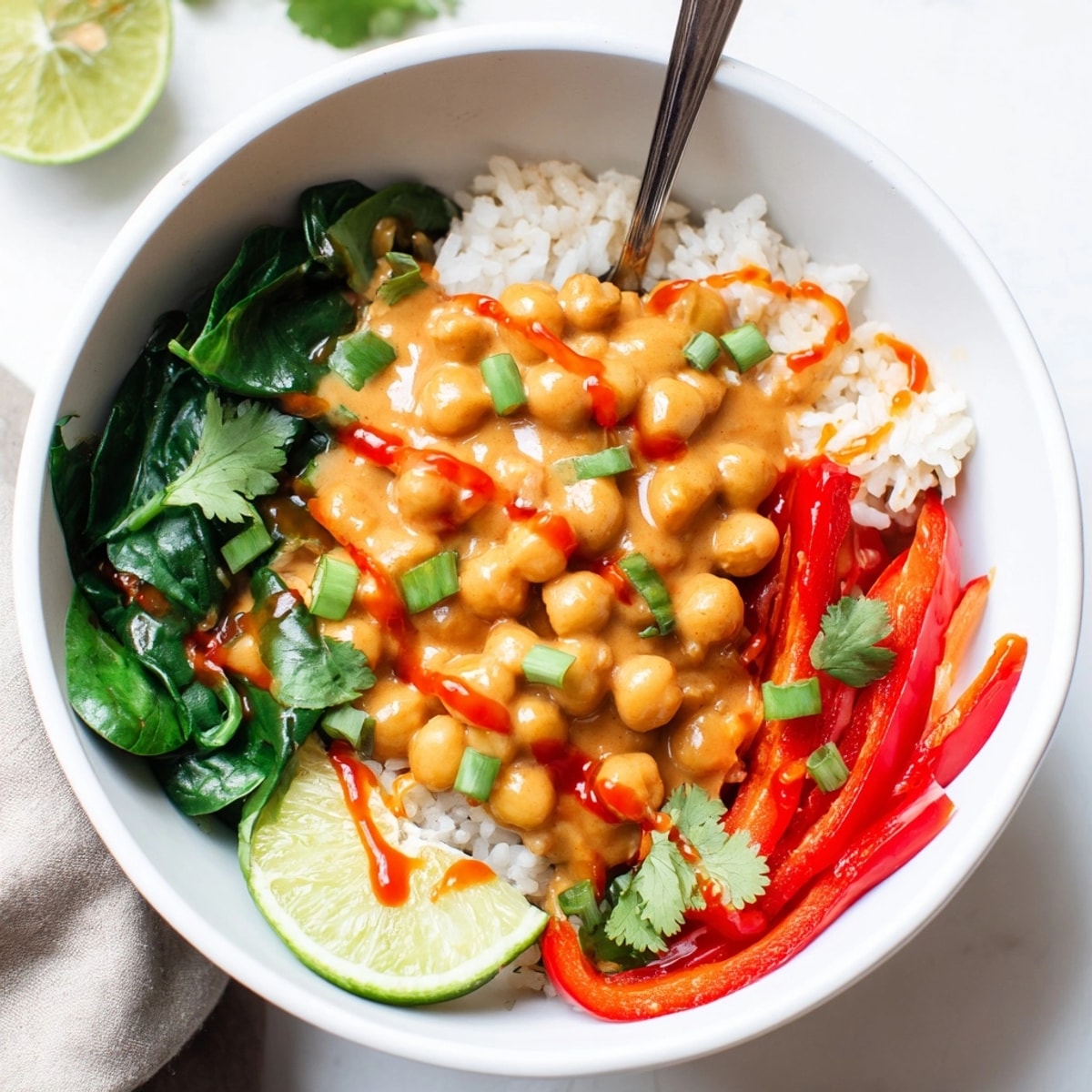A flavorful bowl of Thai Red Curry Chickpea Bowls ready to be served over rice.
