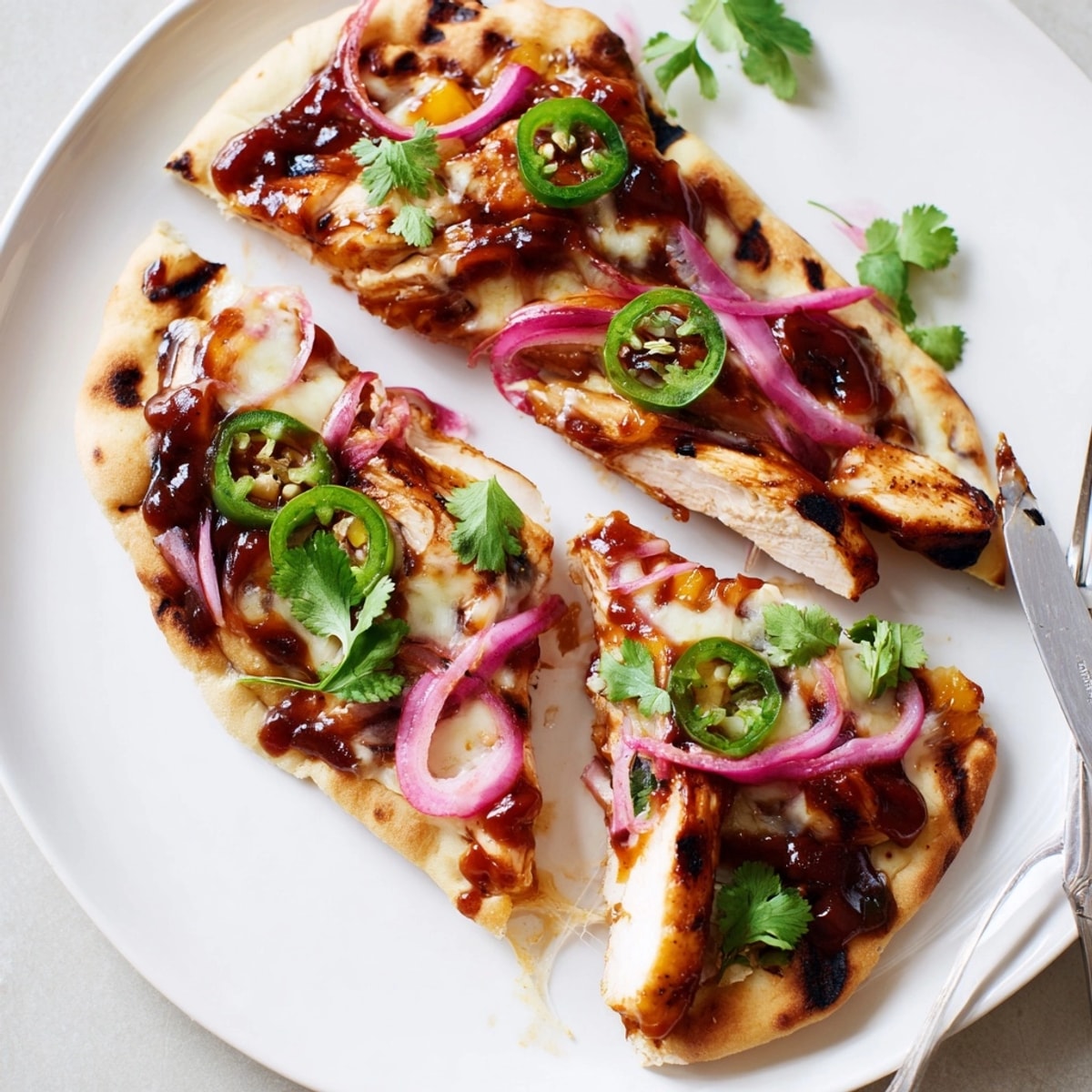 Oven-baked Mango BBQ Chicken Flatbread: golden crust topped with vibrant red onion and cilantro.