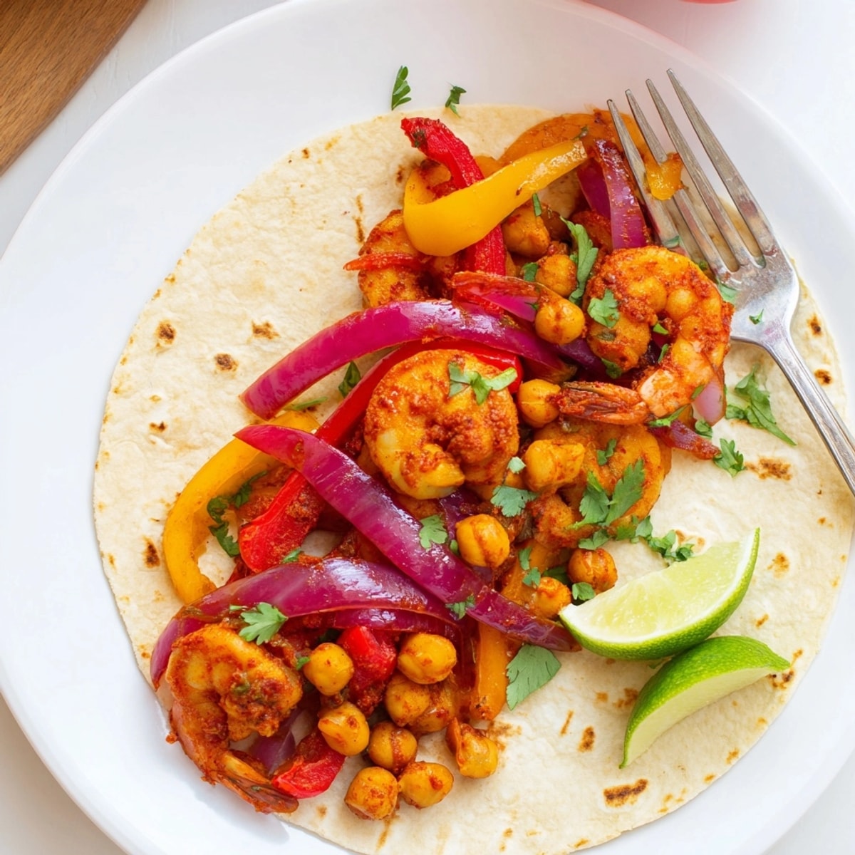Vibrant Shrimp &amp; Chickpea Sheet Pan Fajitas, bursting with spices, ready to serve.