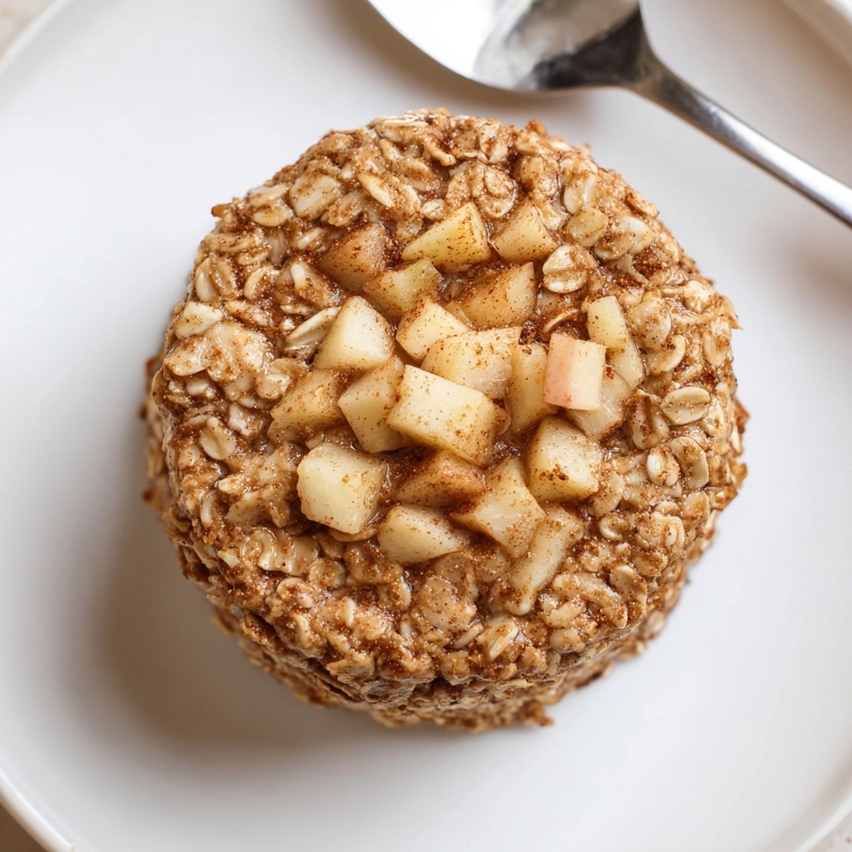 Warm, spiced Protein Apple Cinnamon Oatmeal Cups reveal diced apples and hearty oats.