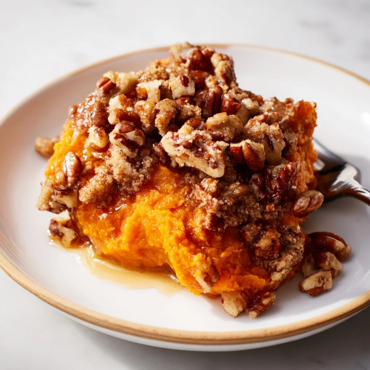 Delicious Maple Pecan Sweet Potato Casserole, perfect for holiday gatherings or cozy dinners.  
