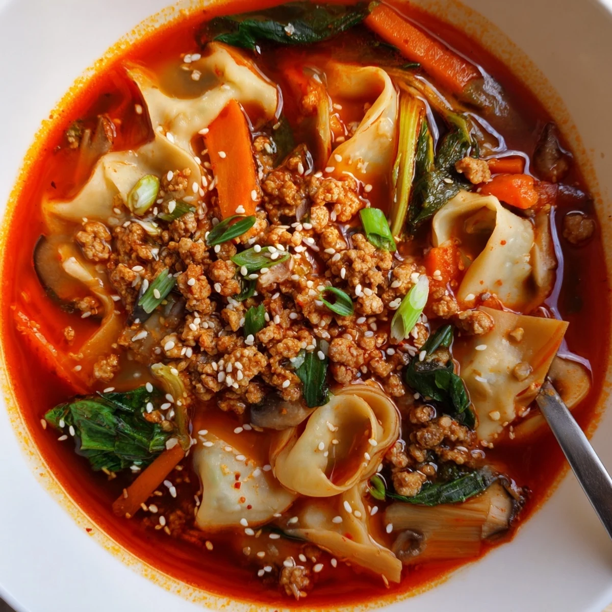 A hearty bowl of Spicy Ramen-Inspired Lasagne Soup garnished with colorful herbs.  