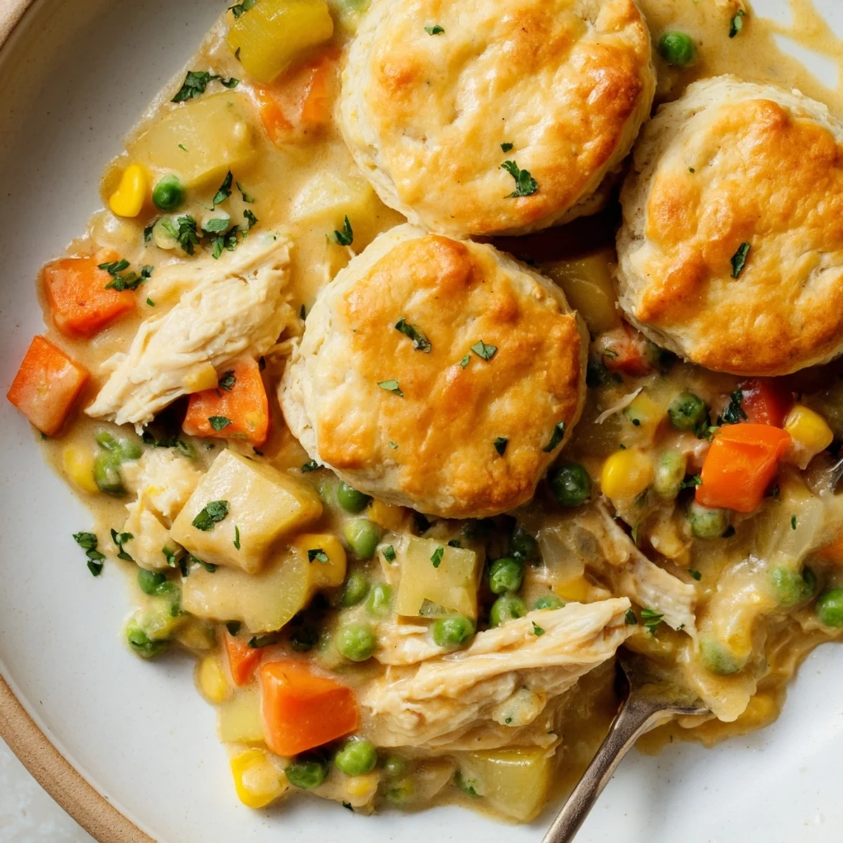 A hearty serving of Cozy Chicken & Biscuit Pot Pie filled with creamy chicken and vibrant veggies.