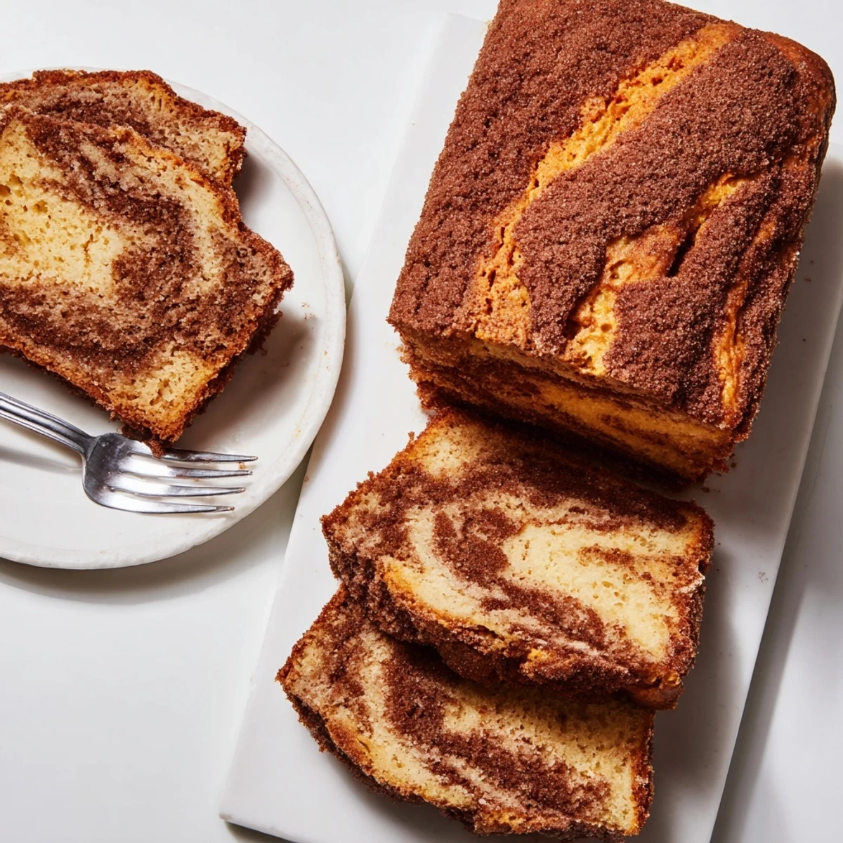 Golden-brown snickerdoodle sweet potato bread, swirled with a delightful cinnamon flavor.  
