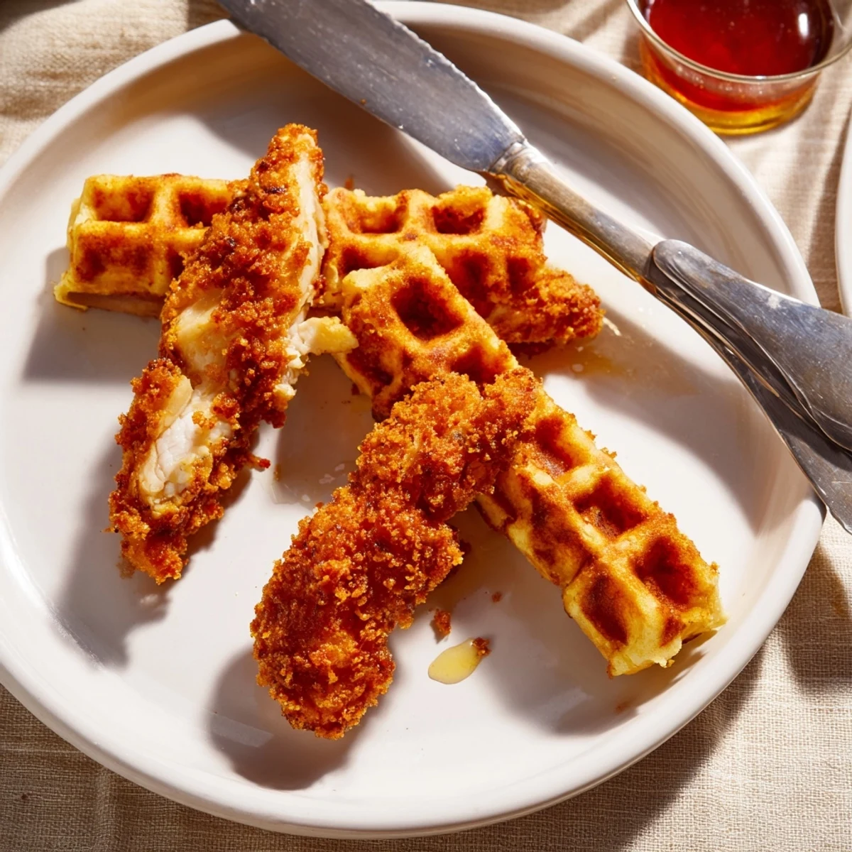 Golden waffles wrapped around tender chicken tenders create perfect Crispy Chicken Waffle Sticks.  