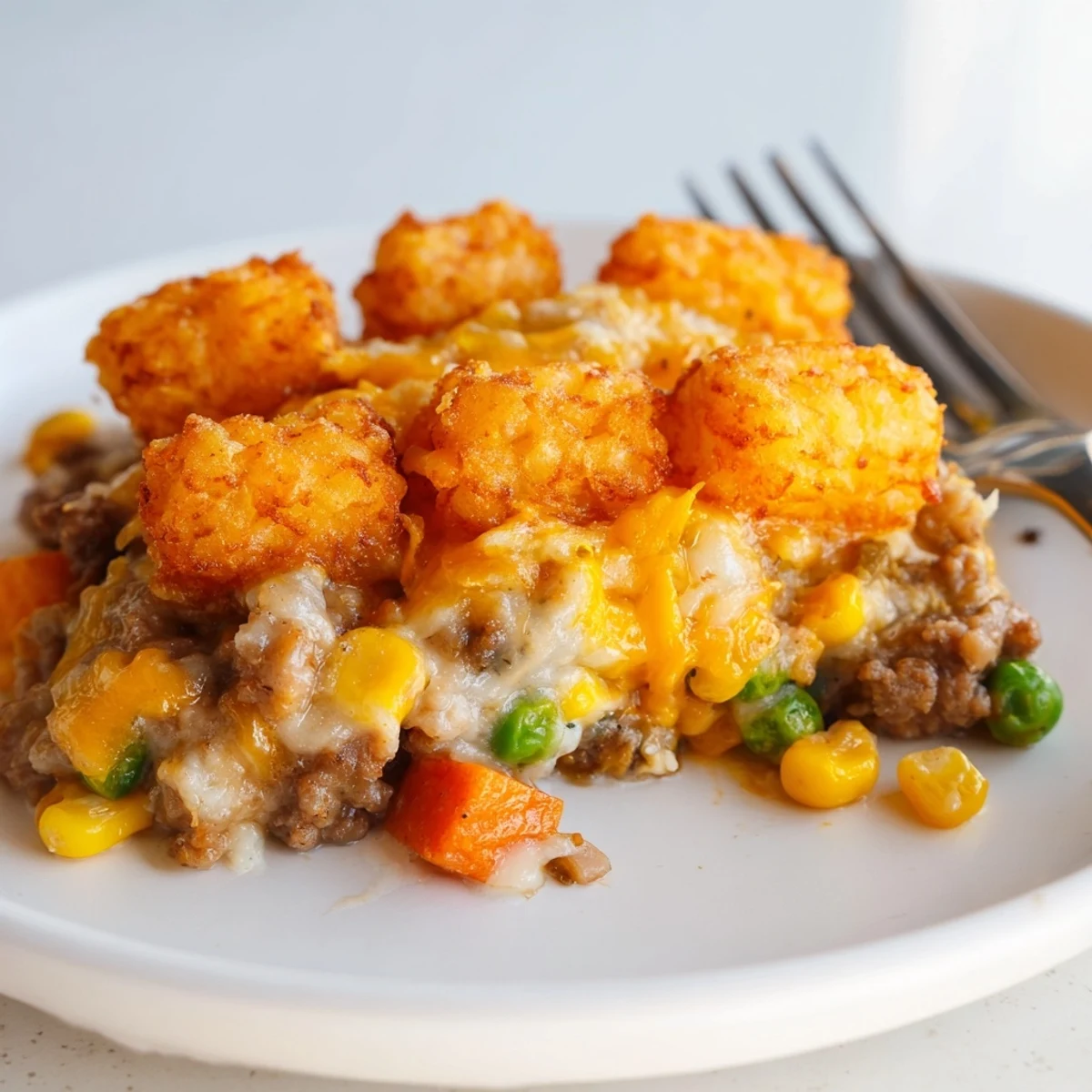 Hearty Sweet Potato Tater Tot Casserole with savory turkey and colorful vegetables for dinner.