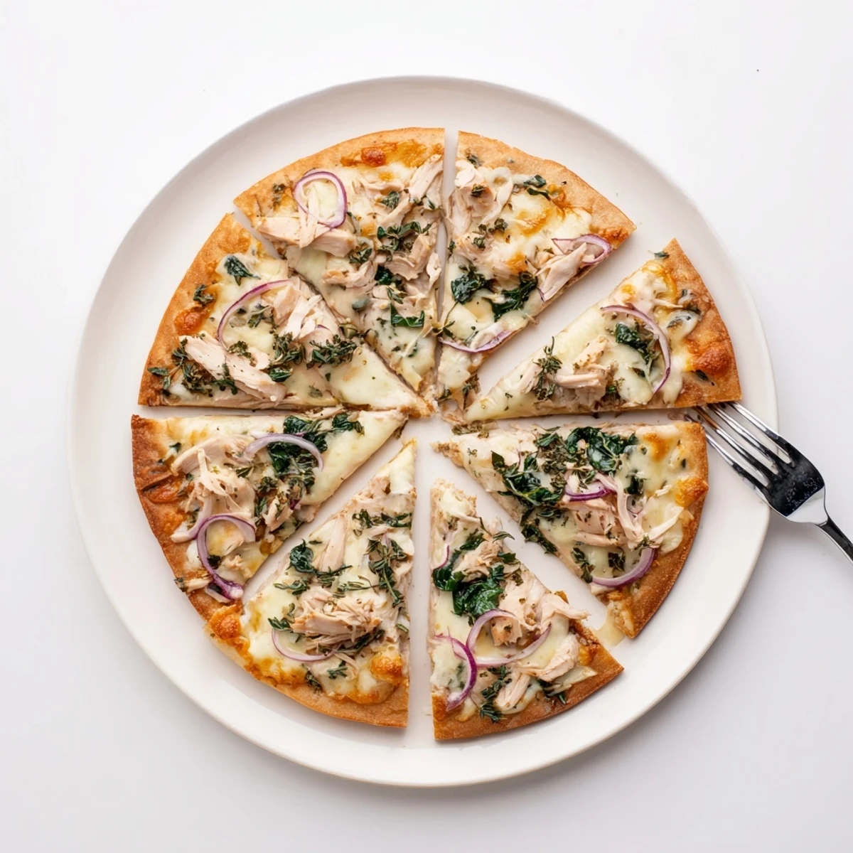 Sage Turkey Gravy Pizza topped with melty cheese and savory turkey, perfect for leftovers.  