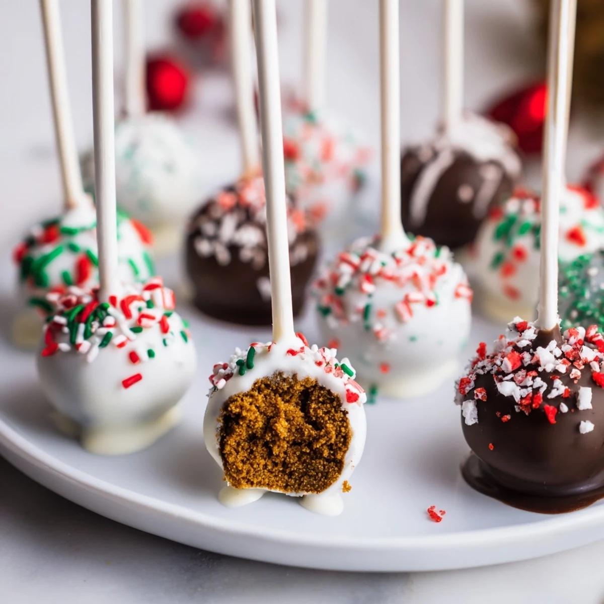 Bite-sized festive Christmas cookie truffle pops coated in smooth chocolate, perfect for parties.  