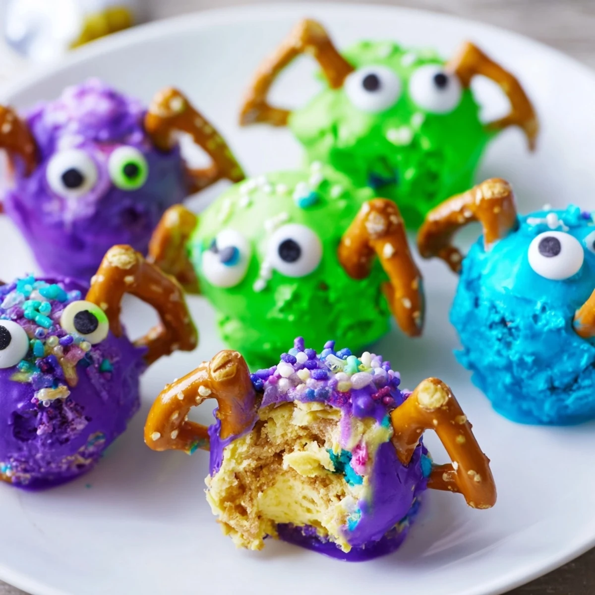 Indulgent Cheesy Pretzel Cream Cheese Monster Cake Balls topped with pretzel horns and candy eyes.